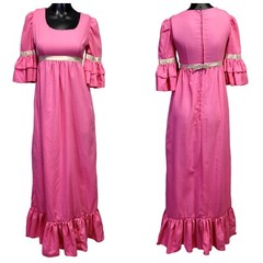 Vintage 70s Hot Pink Crepe Polyester Empire Waist Greek Key Detail Ruffle Maxi