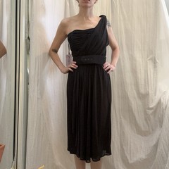 Vintage Victor Costa Black One Shoulder Chiffon Evening Dress 1970s 80s XS/S