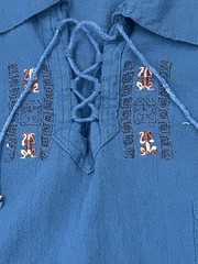 Vintage Blue Woven Lace Up Pullover Shirt Boho Festival Hippie Size 40