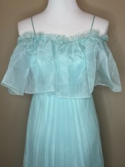 Vtg 70s Chiffon Prom Dress Off Shoulder Spaghetti Strap Pleated Sheer Teal XS/S