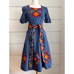 Vintage 1970s Denim Dress Patchwork Trim XXS