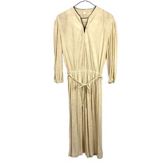 Vintage 70s Tan Off White Terry Secretary Fit Flare Dress 15/16 Chest 37″