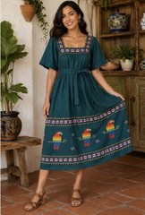 Vintage Ana’s Fashions Guatemala Cotton Dress Parrot Bird Folk Art Boho Belted S