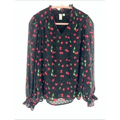 Joie Black Chiffon Cherry-Print Long-Sleeve Blouse rockabilly nostalgic sheer