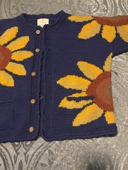 Express Tricot Cardigan Women One Size Blue Sunflower Hand Knitted Wool Vintage