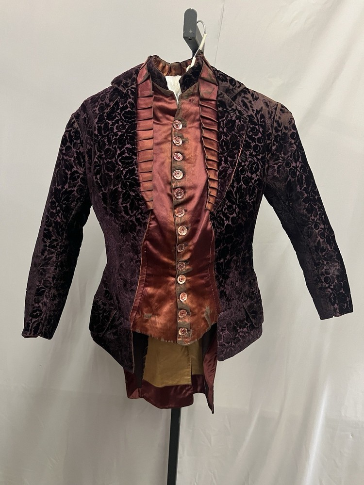 1880’s Burgundy Figured Velvet & Merlo Silk Satin Bodice