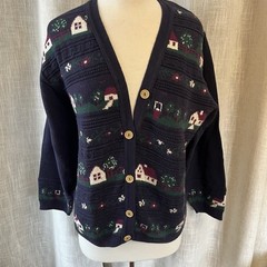 Vtg 90s Northern Reflections Knit Embroidered Country Cardigan L Navy Button Up