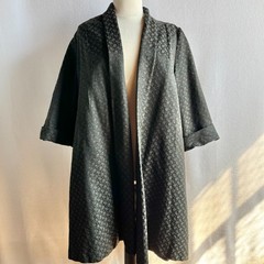 Vintage 1950s Black Brocade 3/4 Sleeve Open Front Coat Large