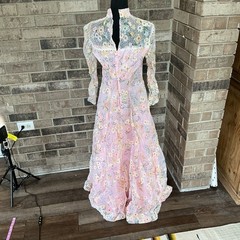 VINTAGE Sheer Floral Maxi Dress Wmns S Pastel Pink Long Sleeve Cottagecore #2B5
