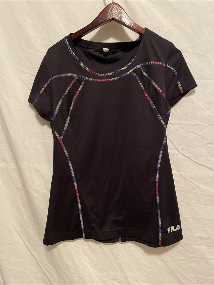 FILA Performance Women’s Vintage Mesh Back Workout Shirt Neon Color Stitch Sz S