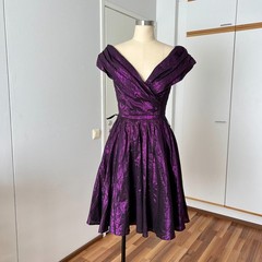 1980s Purple Lame Cocktail Dress Cotton Blend Portrait Collar Off Shoulder Party