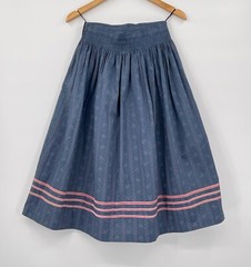 Vintage Alphorn Trachtenmode Skirt SMALL, Blue Cotton, Smock-Waist Velvet-Trim
