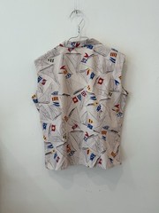 1940s 50s Sailboat Novelty Print Sailcloth Cotton Sportswear Blouse Fitted M/L