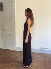 Black midi dress with lace crochet bodice, back zip & draped viscose skirt, boho