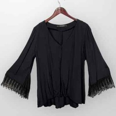 Vintage Celia Tejada Blouse (L) Bell Sleeves Crochet Lace Cuffs USA Rayon Black
