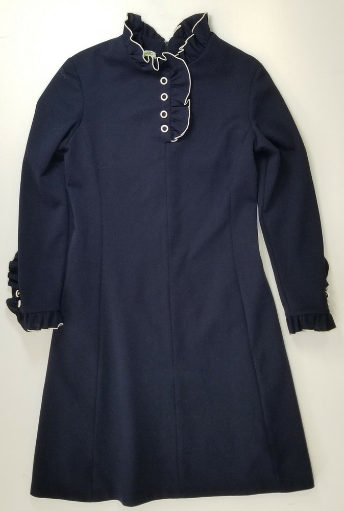 Women Nancy Greer Navy Blue Vintage Collar White Trim Long Sleeve Dress Medium