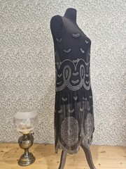ANTIQUE 1920s FLAPPER DRESS BLACK CHIFFON SILVER BEADWORK ART DECO GOOD CONDITIO