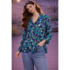 Vintage Blue Green Button Down Blouse Geometric Retro Mod Maximalist Memphis