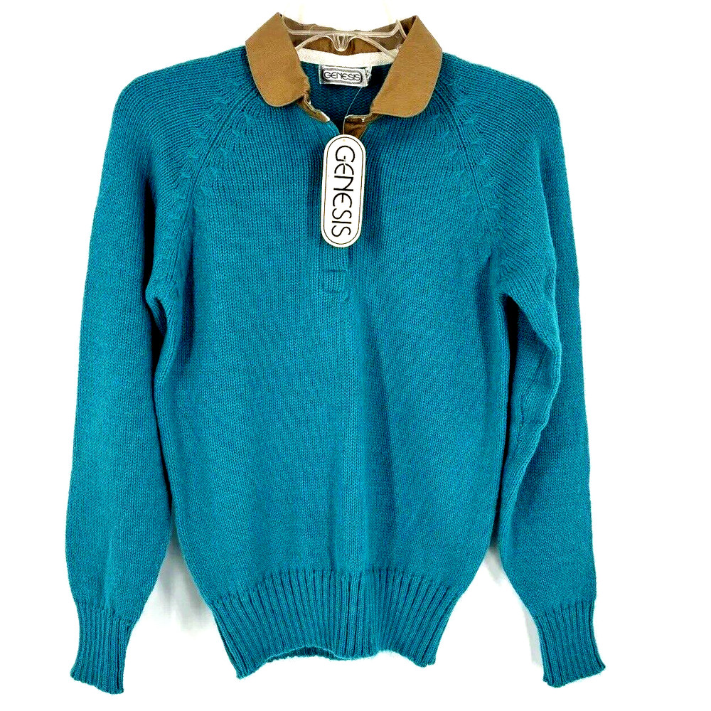 NWT Vintage Genesis Small 80’s Teal/Green/Blue LS Knit Sweater Tan Collar
