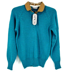 NWT Vintage Genesis Small 80’s Teal/Green/Blue LS Knit Sweater Tan Collar