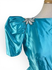 VNTG 80s Alfred Angelo Blue Satin Gown Dress Puff Sleeves Appliqués Faux Pearl