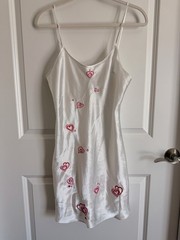 Vintage Inner Most Satin Slip Dress Medium White Embroidered Pink Hearts Chemise