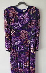 Vintage Oleg Cassini Silk Beaded Sequin Floral Evening Dress Purple Sz 14