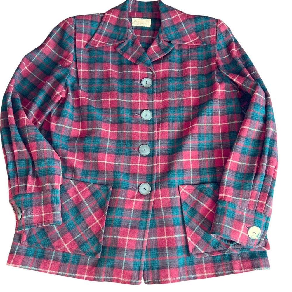 Wms Vintage Pendleton 49er Wool Jacket M Red Green Plaid Tartan Shacket Blazer