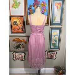 1970s Qiana Nylon Disco Dress Mauve Pink Square Neck A-Line Lace Trim