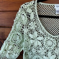 Vintage Y2K Together Mint Green Floral Crochet Blouse Top Size Large