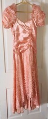 S Pink Sateen Lace Waterfall Dress Puffy Sleeve Ruched Drop Waist Asymmetrical