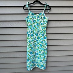 Vintage The Vested Gentress Floral Hand Screened Print Strap Dress Blue Green
