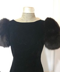 Vintage 1980s Victor Costa Black Velvet Dress with Mink Puff Sleeves, Size 6?