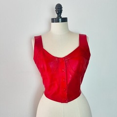 DEADSTOCK SANZZINI 1990’s 90s Red Leather Ruched Back Crop Bustier Top L 38-42