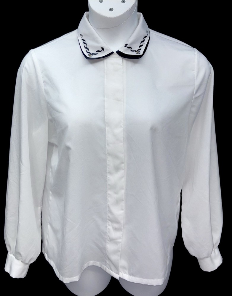 VTG Judy Bond Women Size 14 Button Up Long Sleeve Embroidered Collar Top White