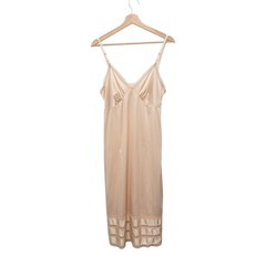Vintage 90s Nude Silk Satin Midi Slip Dress Lace Hem Neutral Coquette 34 Small