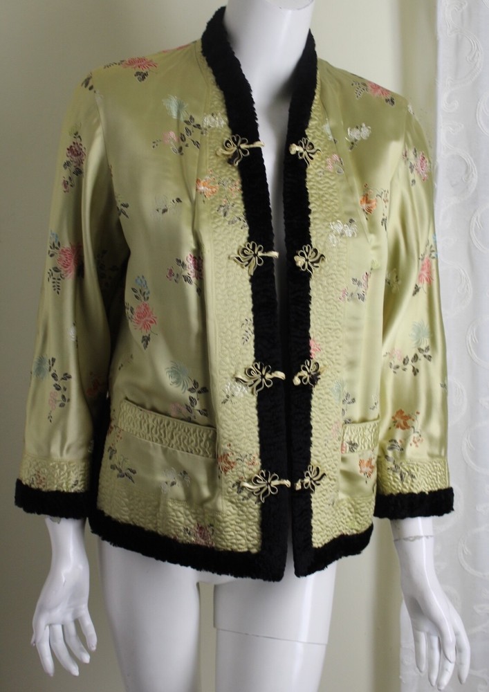 Estate Vintage Chinese Satin Faux Fur 60s 70s Blazer Jacket Sz S M