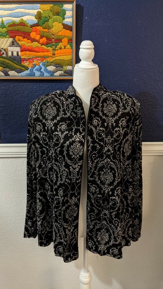 VTG Jeanne Alexander Woman Zip Jacket Black w/ Silver Metallic Sz XL Extra Large