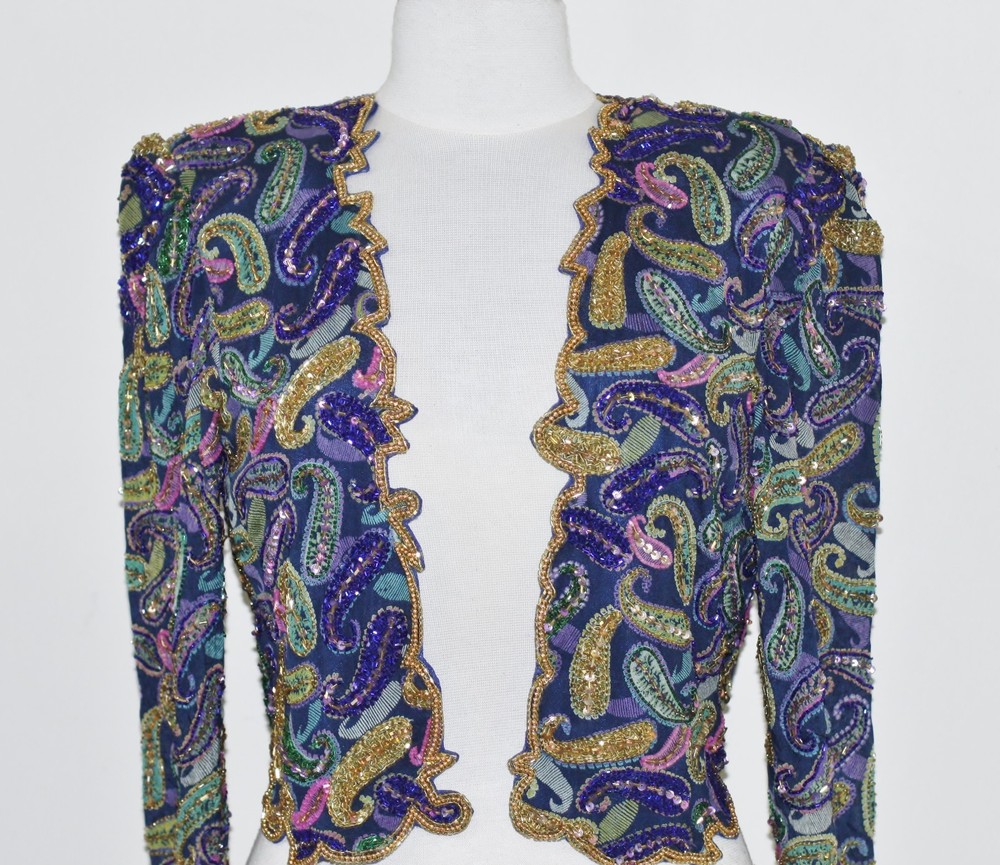 Jasdee Vintage Bolero Jacket Hand Work Bead & Sequins & Hand Print On Silk #2093