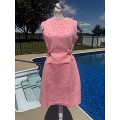 Vintage 60s 70s Pink Floral Jacquard Mod Shift Dress Talon Metal Zip Small Retro