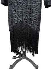 Vintage Barone Black Crinkle Crepe Goth Witchy Fringe Hem Dress Plus Sz 18