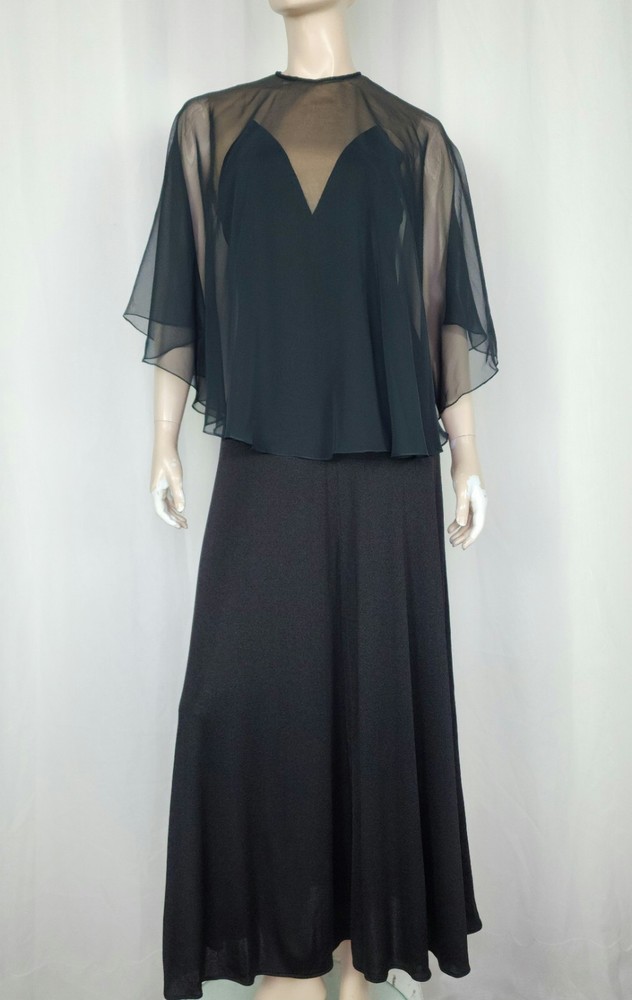 Vtg 70s nude illusion sheer capelet maxi part dress black XS/SM
