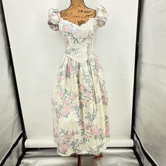 Vtg Scott McClintock Floral Dress Sz 6 Puff Sleeve Lace Cottage Coquette Basque