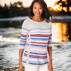 Talbots Gray Multi Stripe Side Button BateauNeck Sweater Women M Vietnam