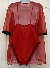 Vintage Adonna 2 Piece Set Red Sheer Nylon Black Lace Teddy & Robe Sexy Medium