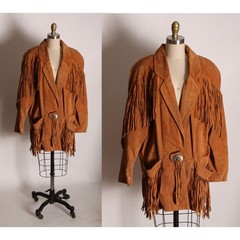 1980s Tan Brown Leather Long Sleeve Fringe Western Coat by Frontier Collection