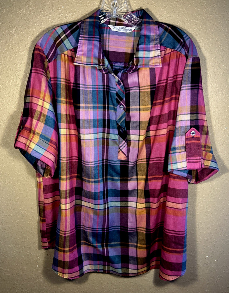 Vtg Miss Fashionality Blouse Shirt Roll Tab Sleeves Front 1/3 Down Buttons 13/12