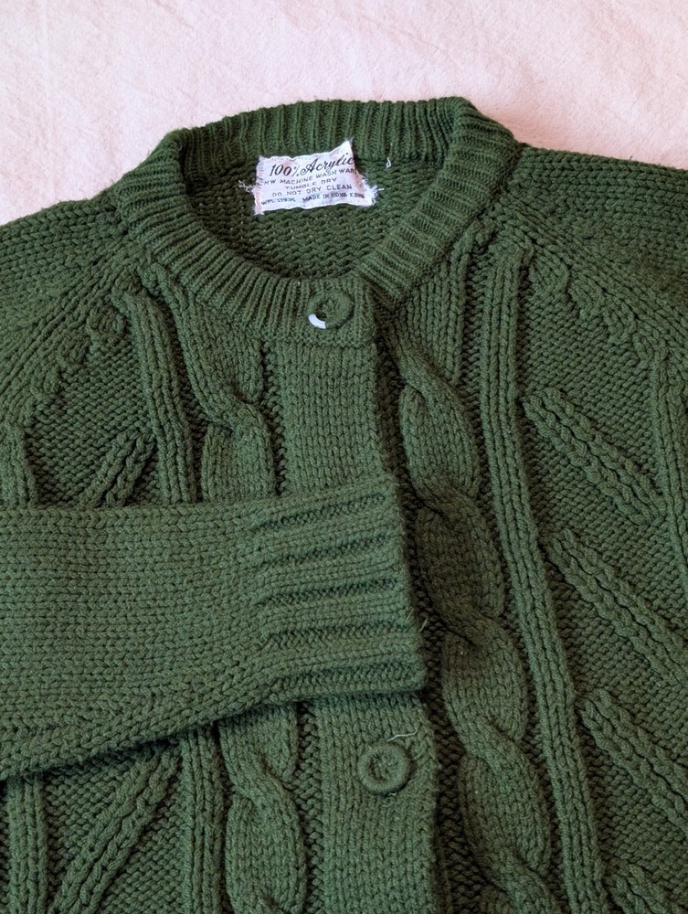 Vintage 60s 70s Green Acrylic Cable Knit Cardigan Women’s Medium Preppy Classic
