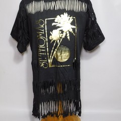 Vintage 1980s Shredded Fringe ST THOMAS 1987 Single Stitch Black T Shirt Size XL