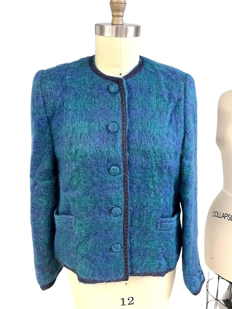 Donegal Design VTG MCM Fuzzy Blue Green Mohair Wool Jacket Braid Trim Womens M